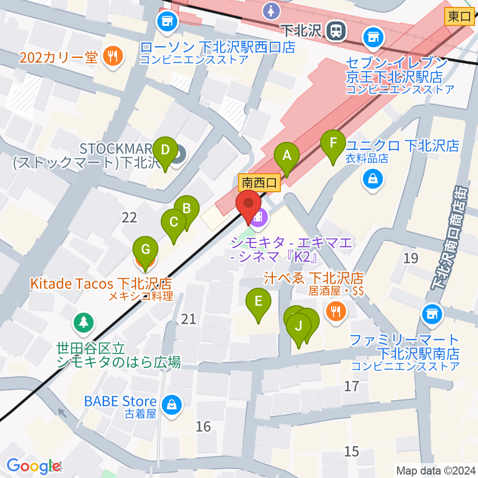 下北沢K2周辺のファミレス・ファーストフード一覧地図