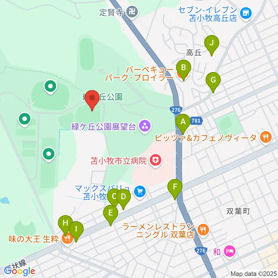 とましんスタジアム周辺のファミレス・ファーストフード一覧地図