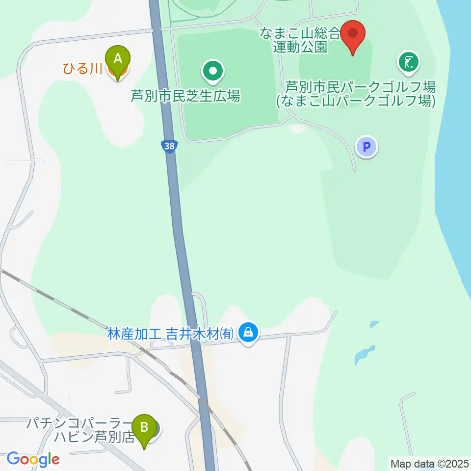 芦別市民球場周辺のファミレス・ファーストフード一覧地図