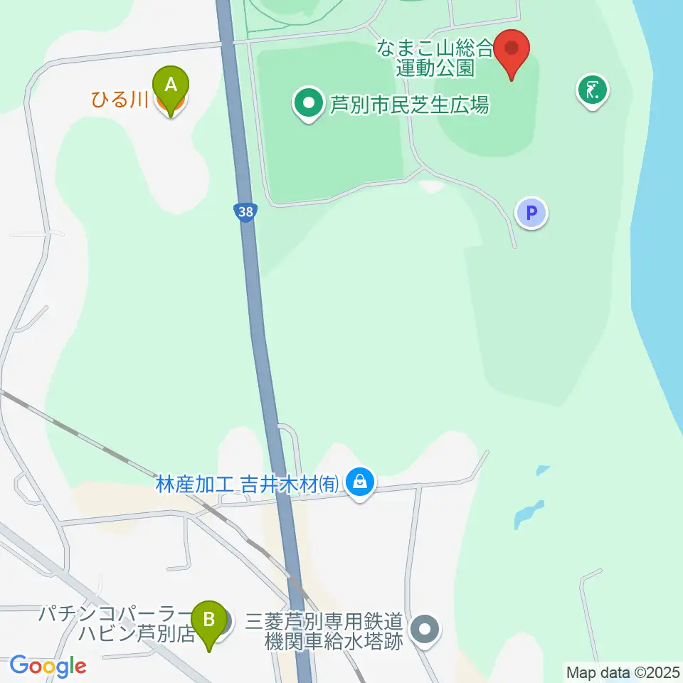 芦別市民球場周辺のファミレス・ファーストフード一覧地図