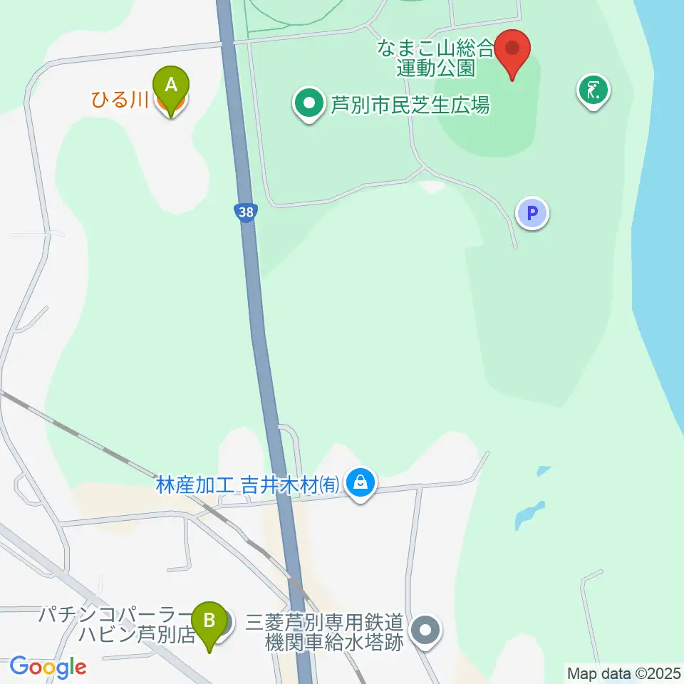 芦別市民球場周辺のファミレス・ファーストフード一覧地図