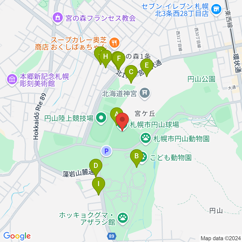 札幌市円山球場周辺のファミレス・ファーストフード一覧地図