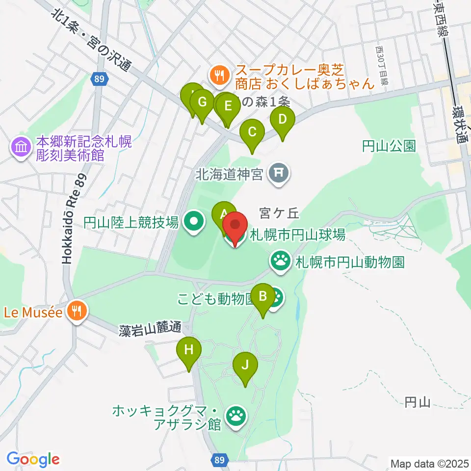 札幌市円山球場周辺のファミレス・ファーストフード一覧地図