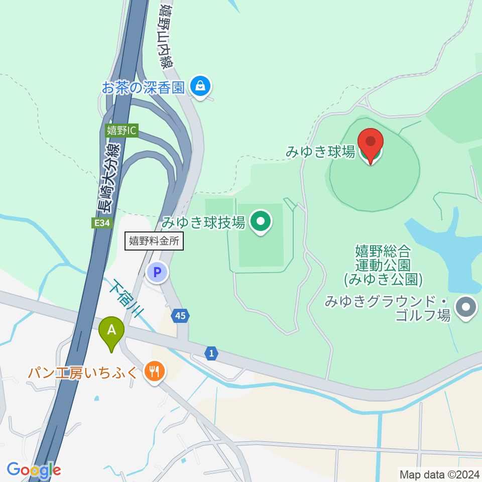 嬉野総合運動公園野球場周辺のファミレス・ファーストフード一覧地図