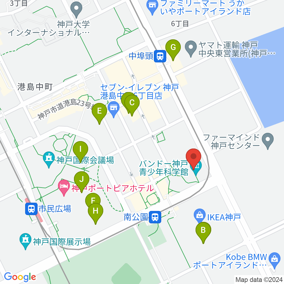 バンドー神戸青少年科学館周辺のファミレス・ファーストフード一覧地図