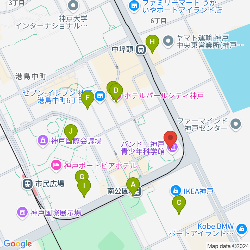 バンドー神戸青少年科学館周辺のファミレス・ファーストフード一覧地図