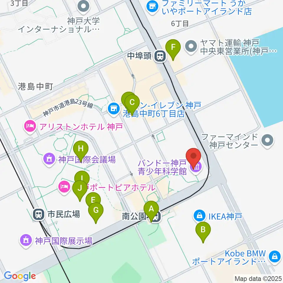 バンドー神戸青少年科学館周辺のファミレス・ファーストフード一覧地図