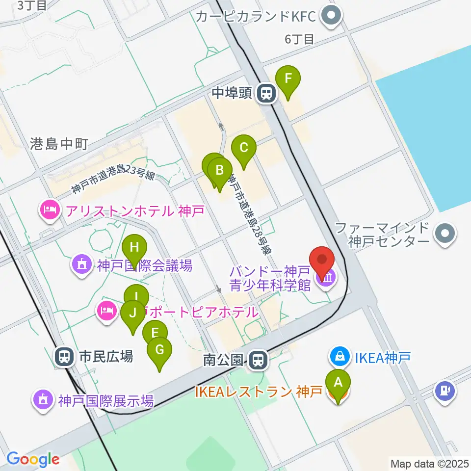 バンドー神戸青少年科学館周辺のファミレス・ファーストフード一覧地図