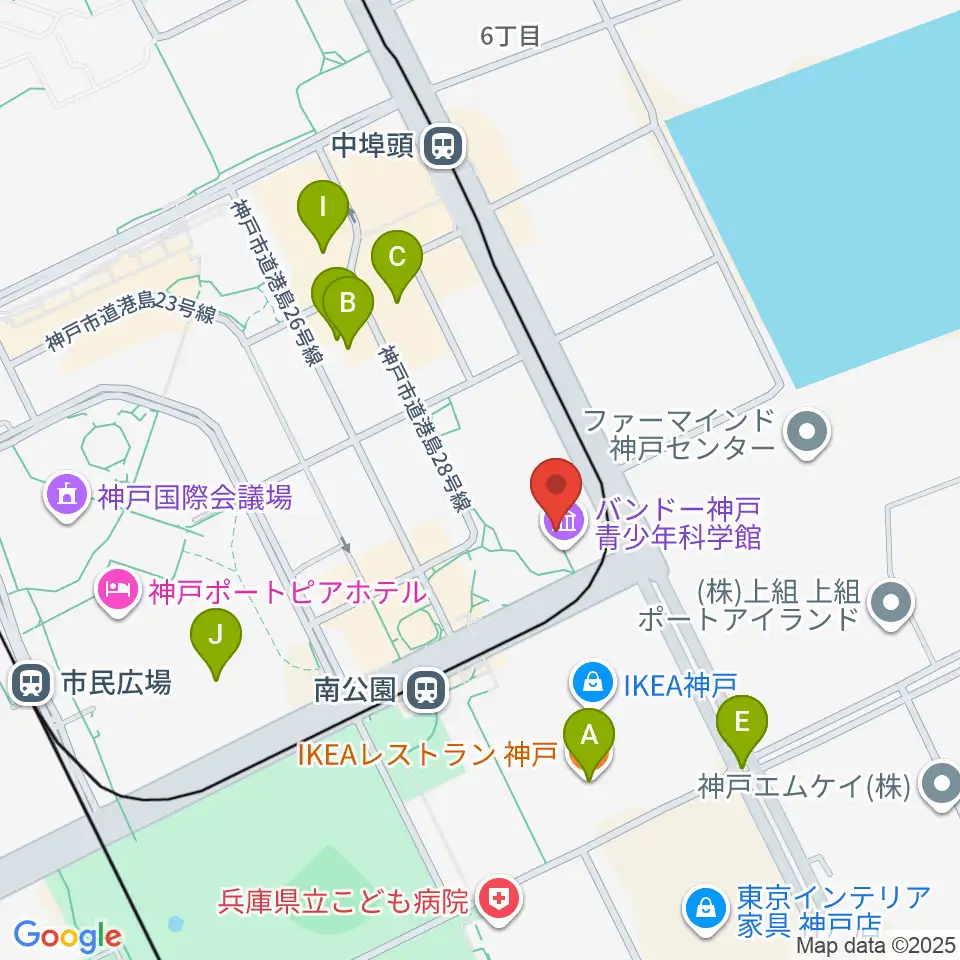バンドー神戸青少年科学館周辺のファミレス・ファーストフード一覧地図