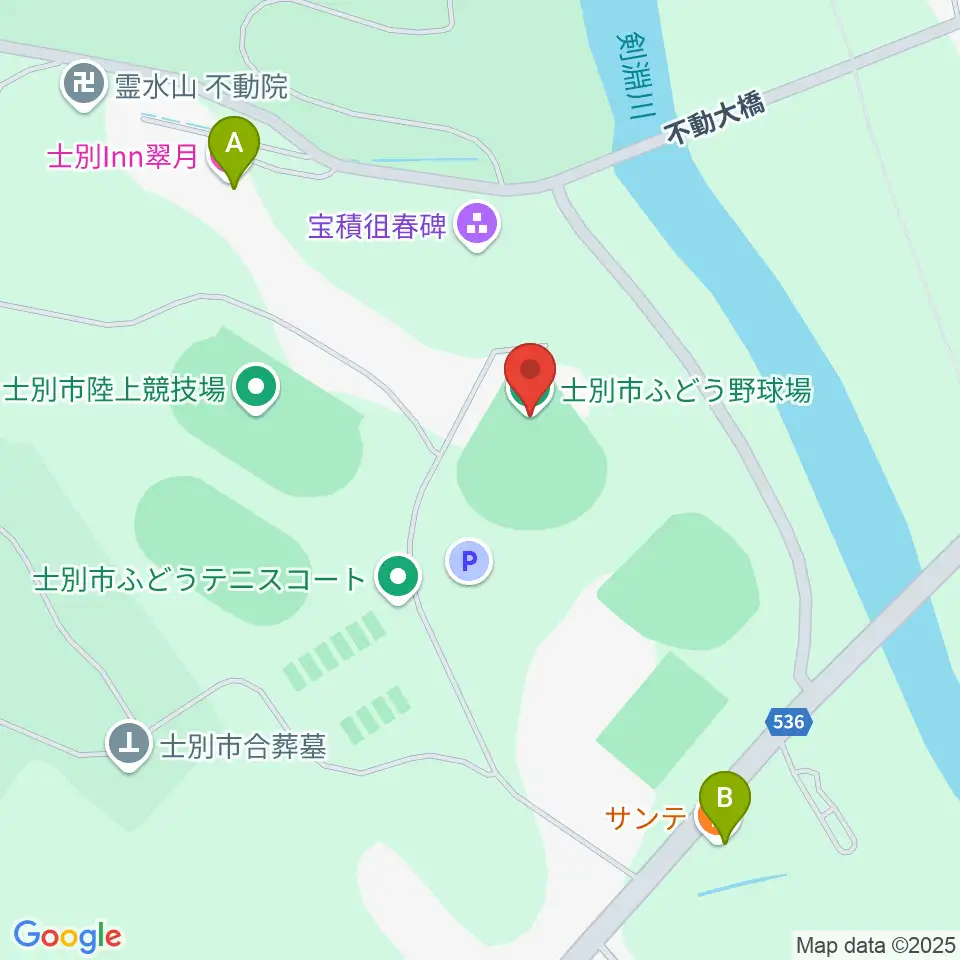 士別市ふどう野球場周辺のファミレス・ファーストフード一覧地図