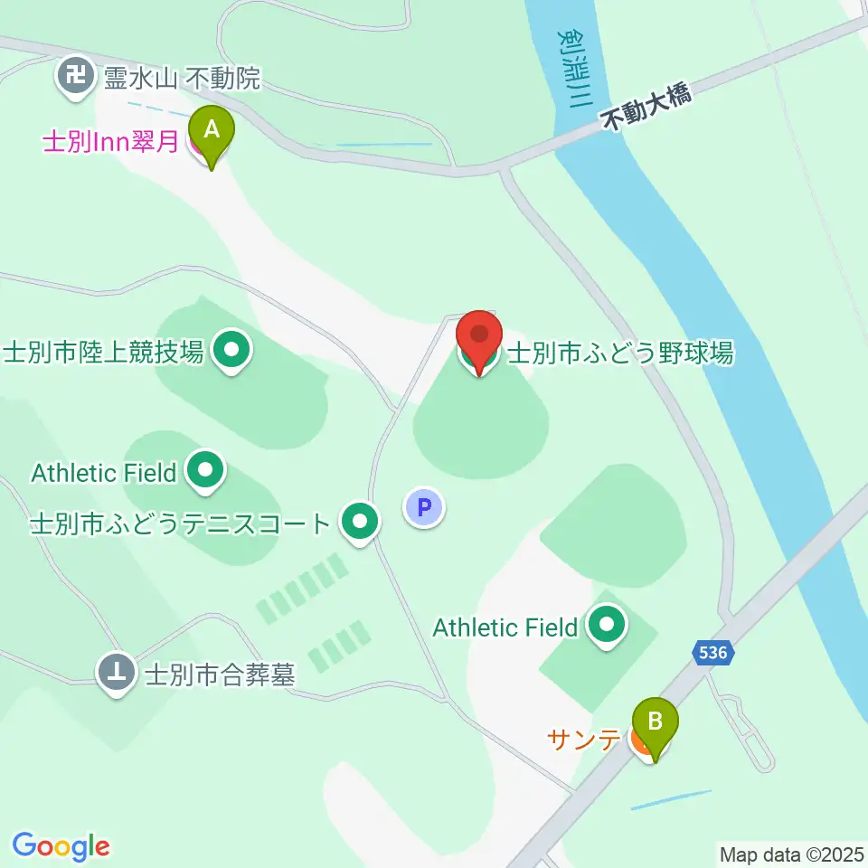 士別市ふどう野球場周辺のファミレス・ファーストフード一覧地図