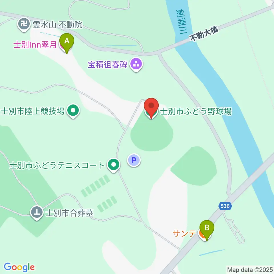 士別市ふどう野球場周辺のファミレス・ファーストフード一覧地図