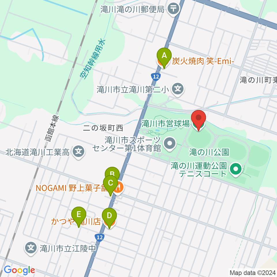 滝川市営球場周辺のファミレス・ファーストフード一覧地図