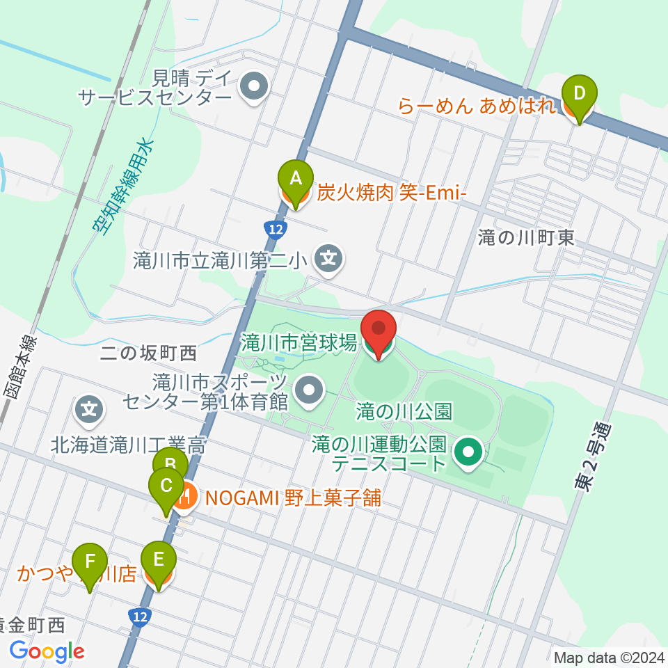 滝川市営球場周辺のファミレス・ファーストフード一覧地図