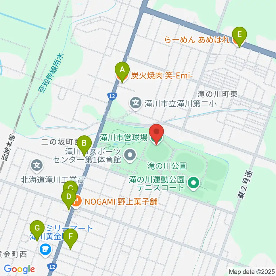滝川市営球場周辺のファミレス・ファーストフード一覧地図