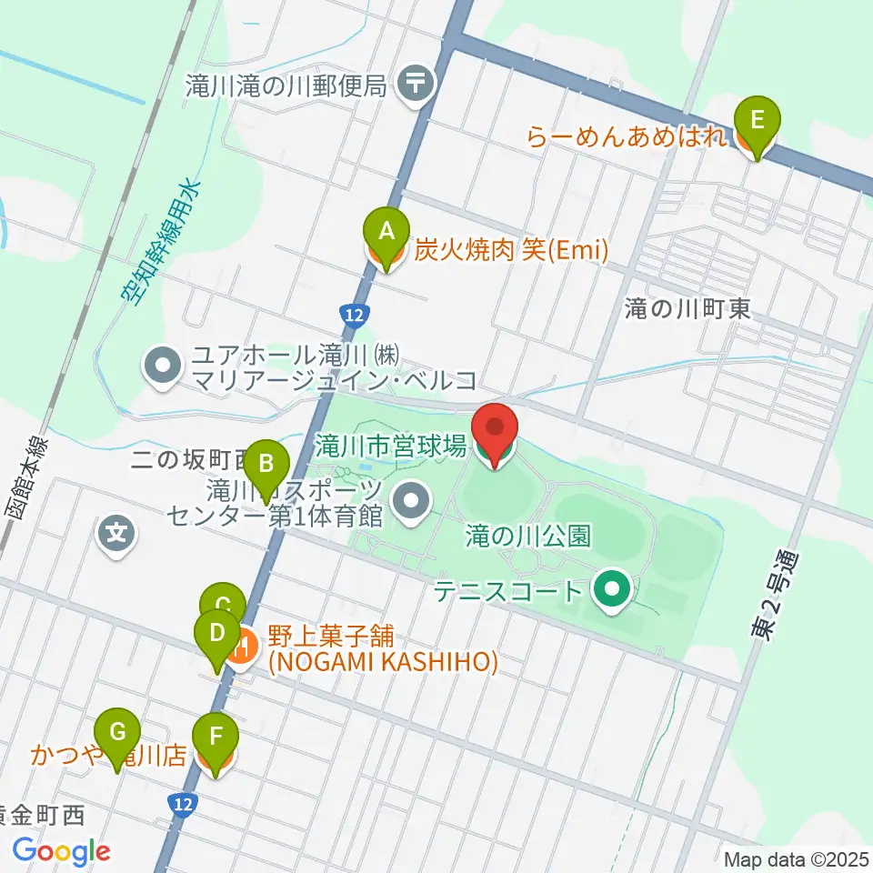 滝川市営球場周辺のファミレス・ファーストフード一覧地図