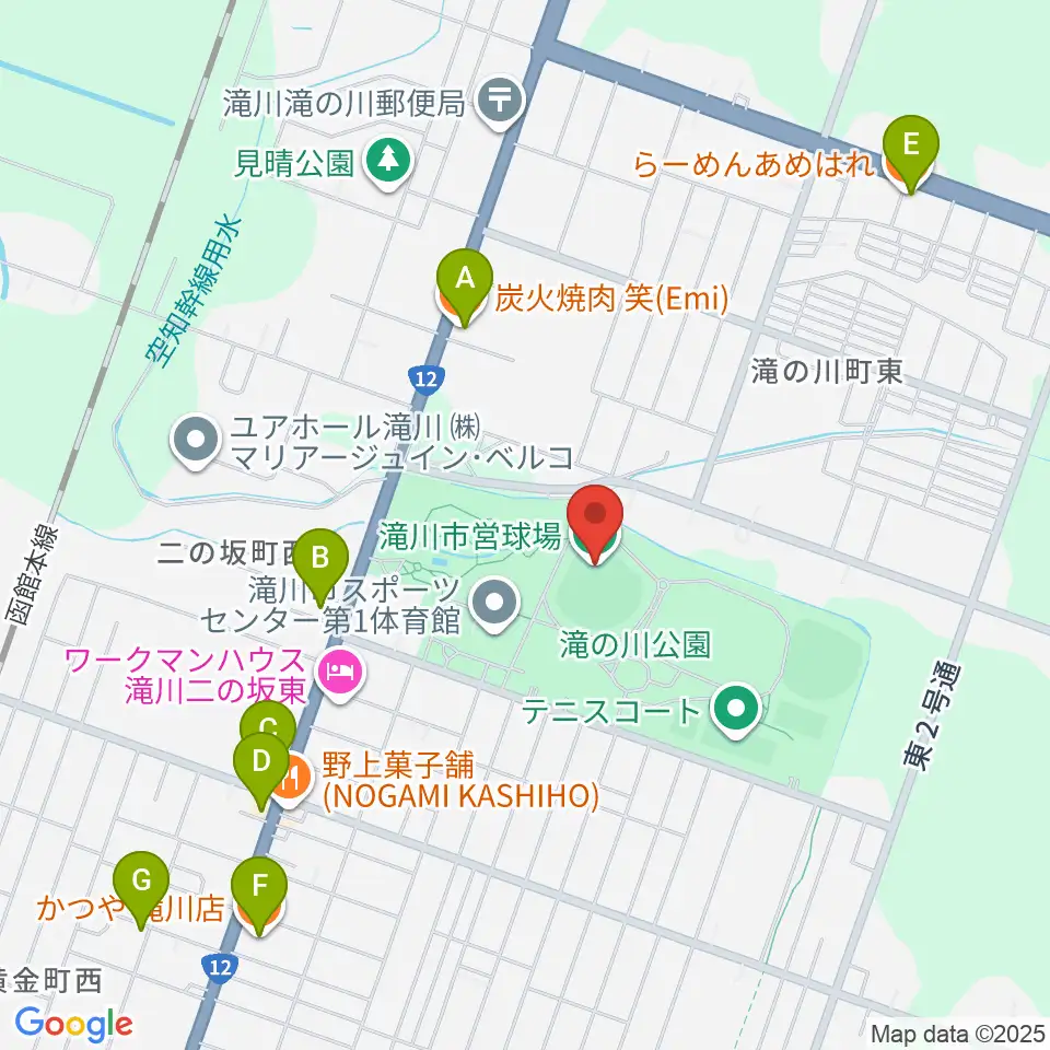 滝川市営球場周辺のファミレス・ファーストフード一覧地図