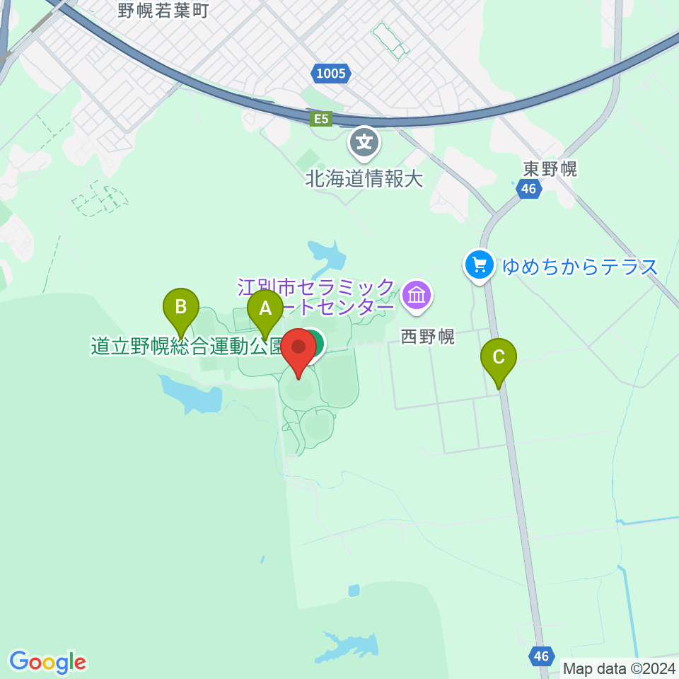 北海道立野幌総合運動公園硬式野球場周辺のファミレス・ファーストフード一覧地図