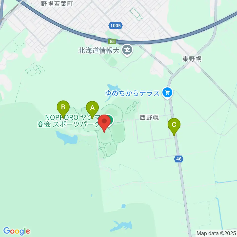 北海道立野幌総合運動公園硬式野球場周辺のファミレス・ファーストフード一覧地図