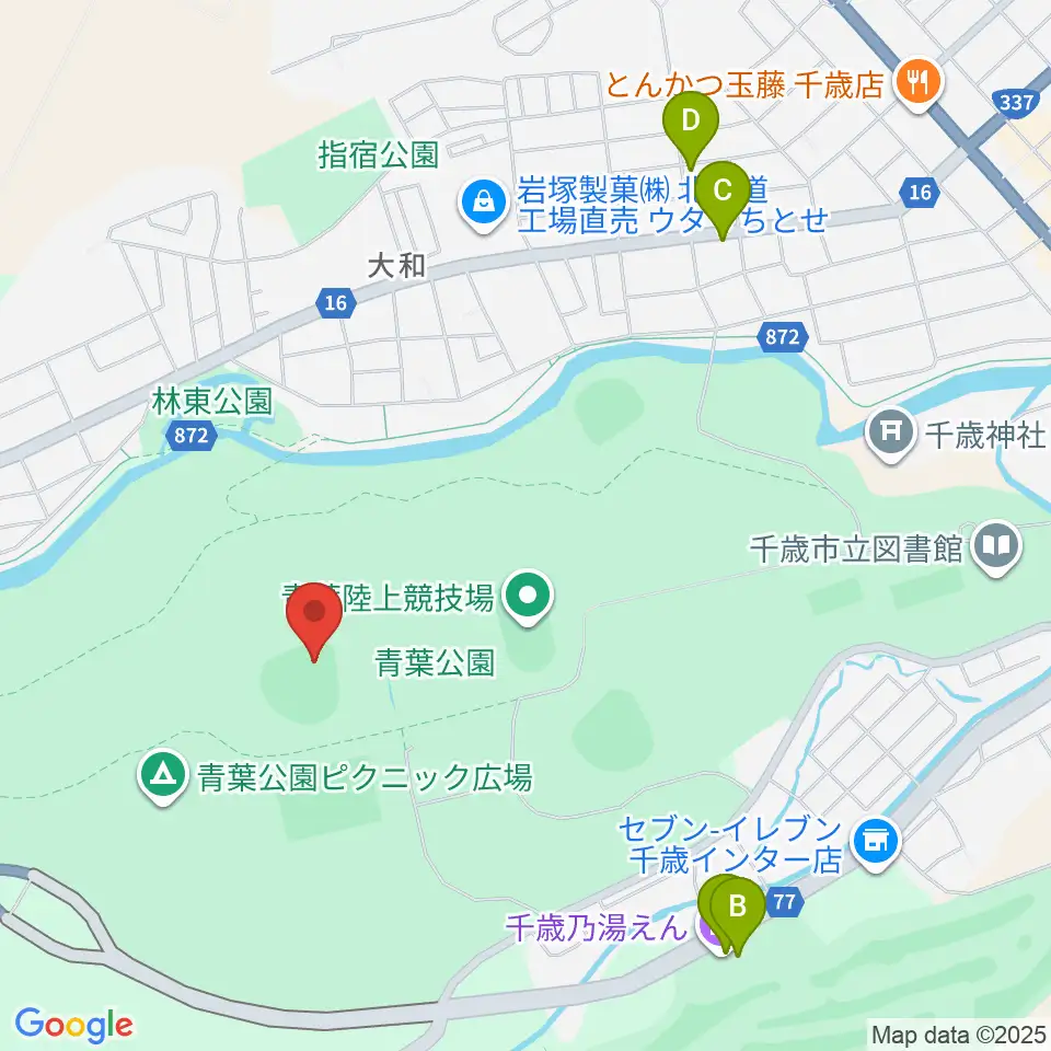 千歳市民球場周辺のファミレス・ファーストフード一覧地図