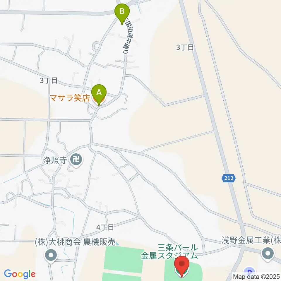 三条パール金属スタジアム周辺のファミレス・ファーストフード一覧地図