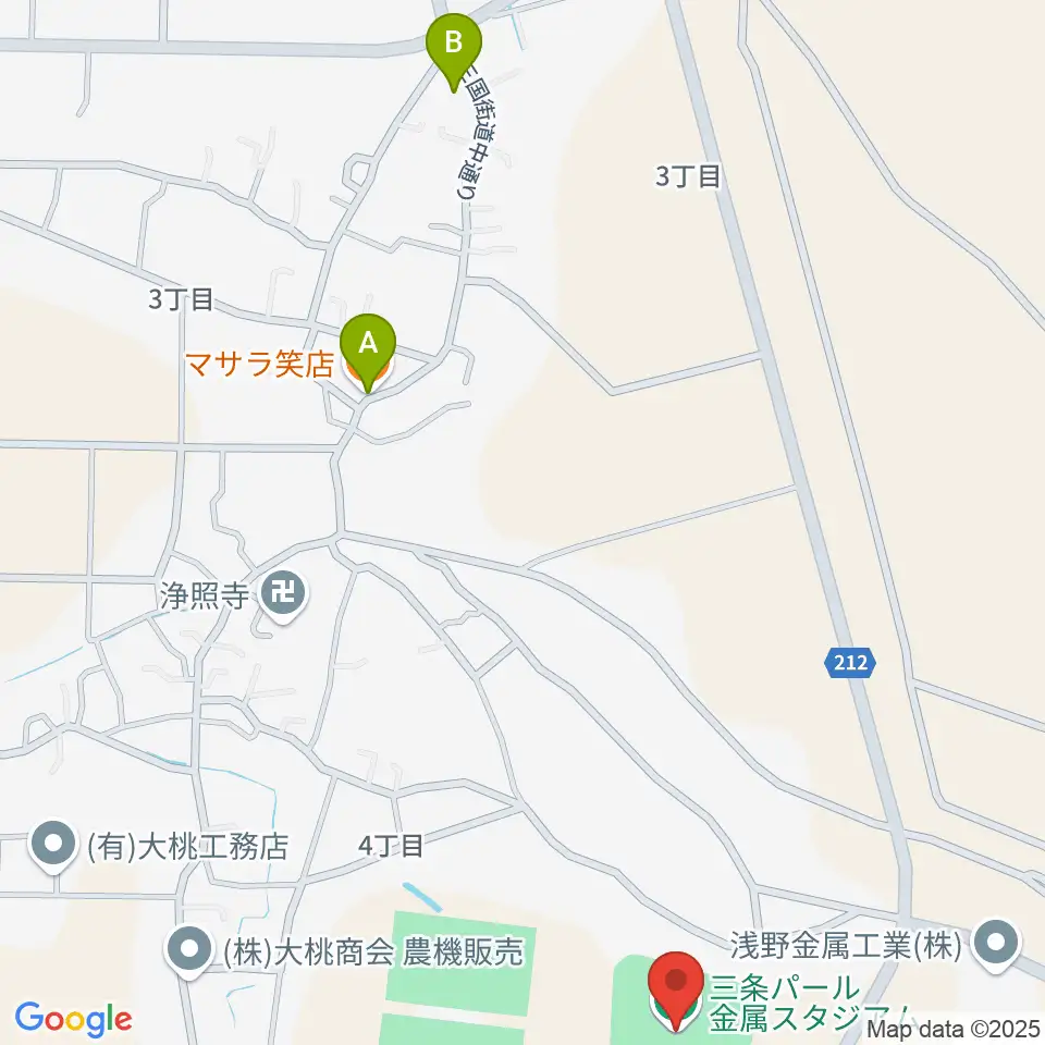 三条パール金属スタジアム周辺のファミレス・ファーストフード一覧地図