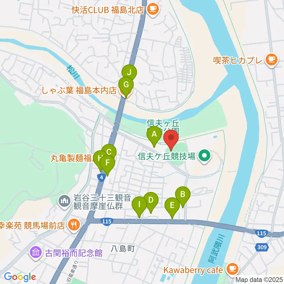 福島市信夫ヶ丘球場周辺のファミレス・ファーストフード一覧地図