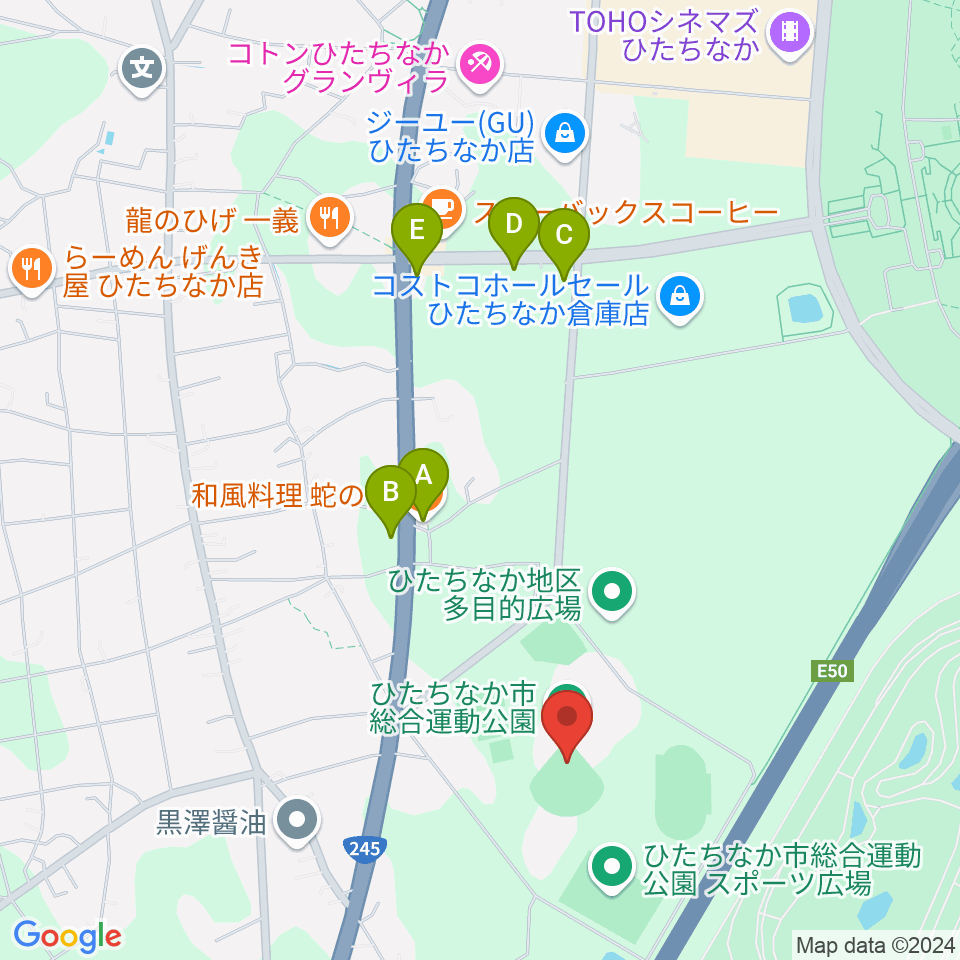 ひたちなか市民球場周辺のファミレス・ファーストフード一覧地図