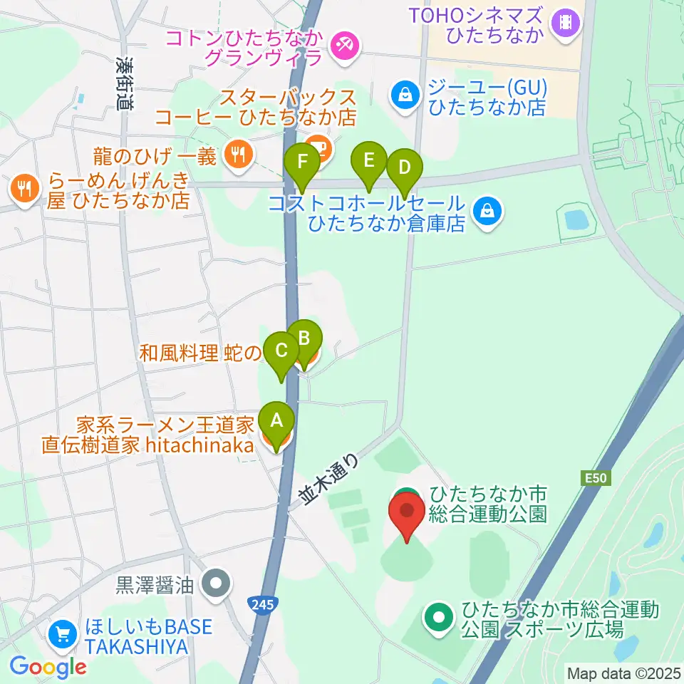 ひたちなか市民球場周辺のファミレス・ファーストフード一覧地図