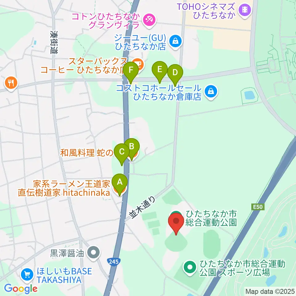 ひたちなか市民球場周辺のファミレス・ファーストフード一覧地図