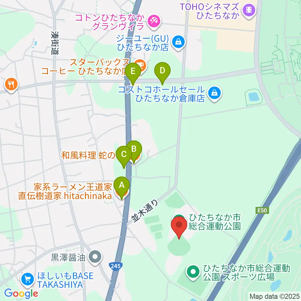 ひたちなか市民球場周辺のファミレス・ファーストフード一覧地図