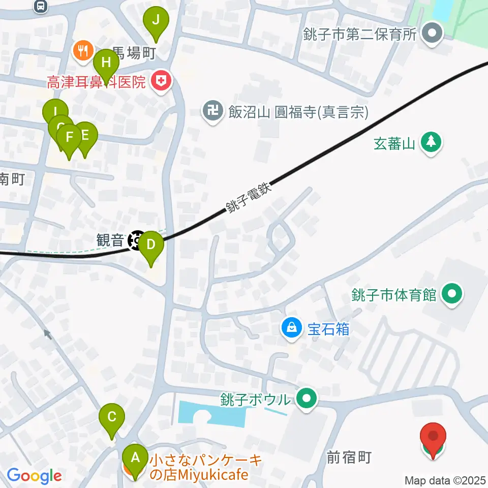 銚子市野球場周辺のファミレス・ファーストフード一覧地図