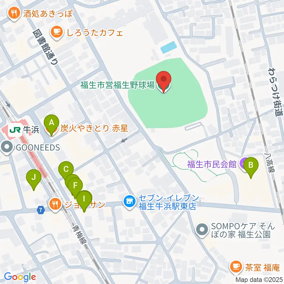 福生野球場周辺のファミレス・ファーストフード一覧地図