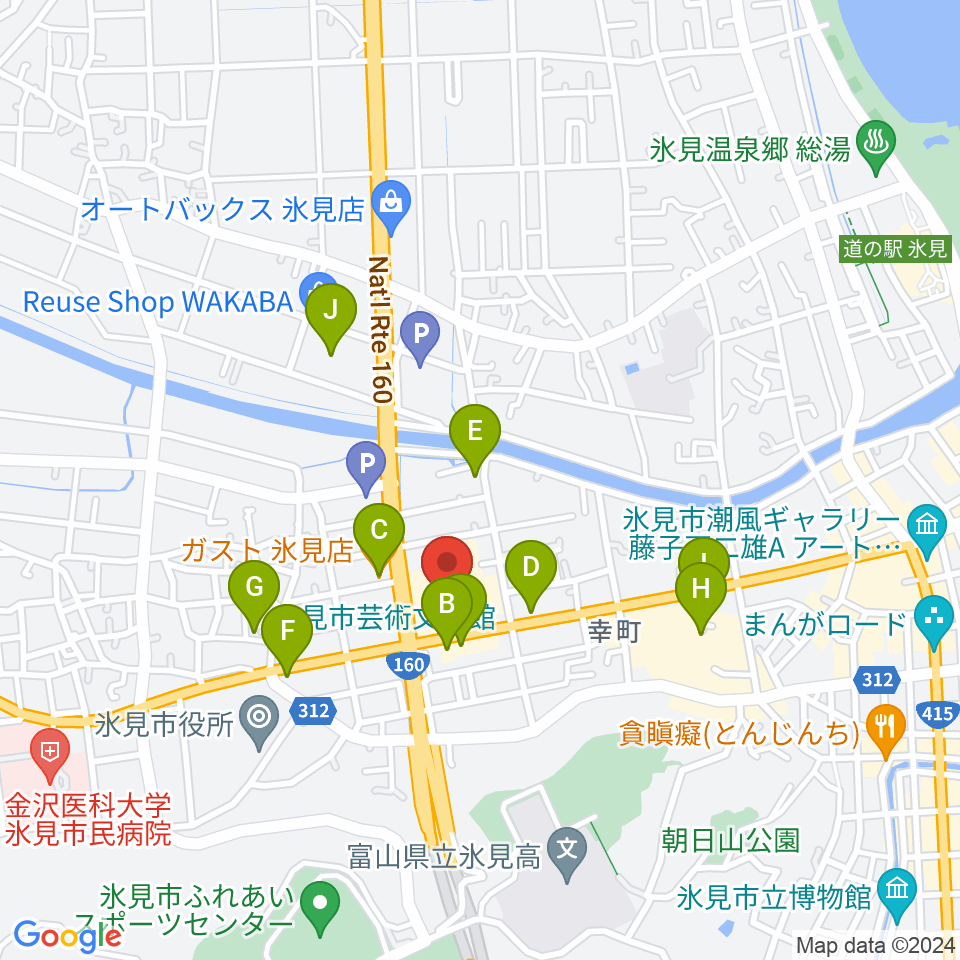 氷見市芸術文化館周辺のファミレス・ファーストフード一覧地図