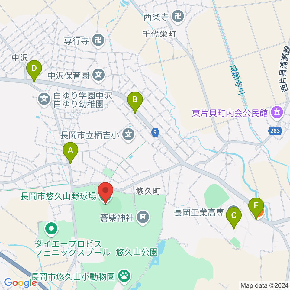 長岡市悠久山野球場周辺のファミレス・ファーストフード一覧地図