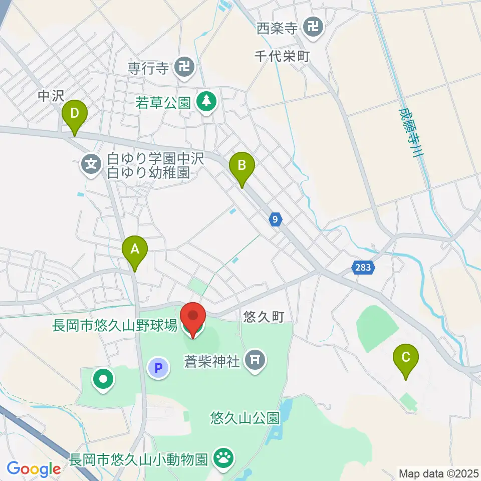 長岡市悠久山野球場周辺のファミレス・ファーストフード一覧地図