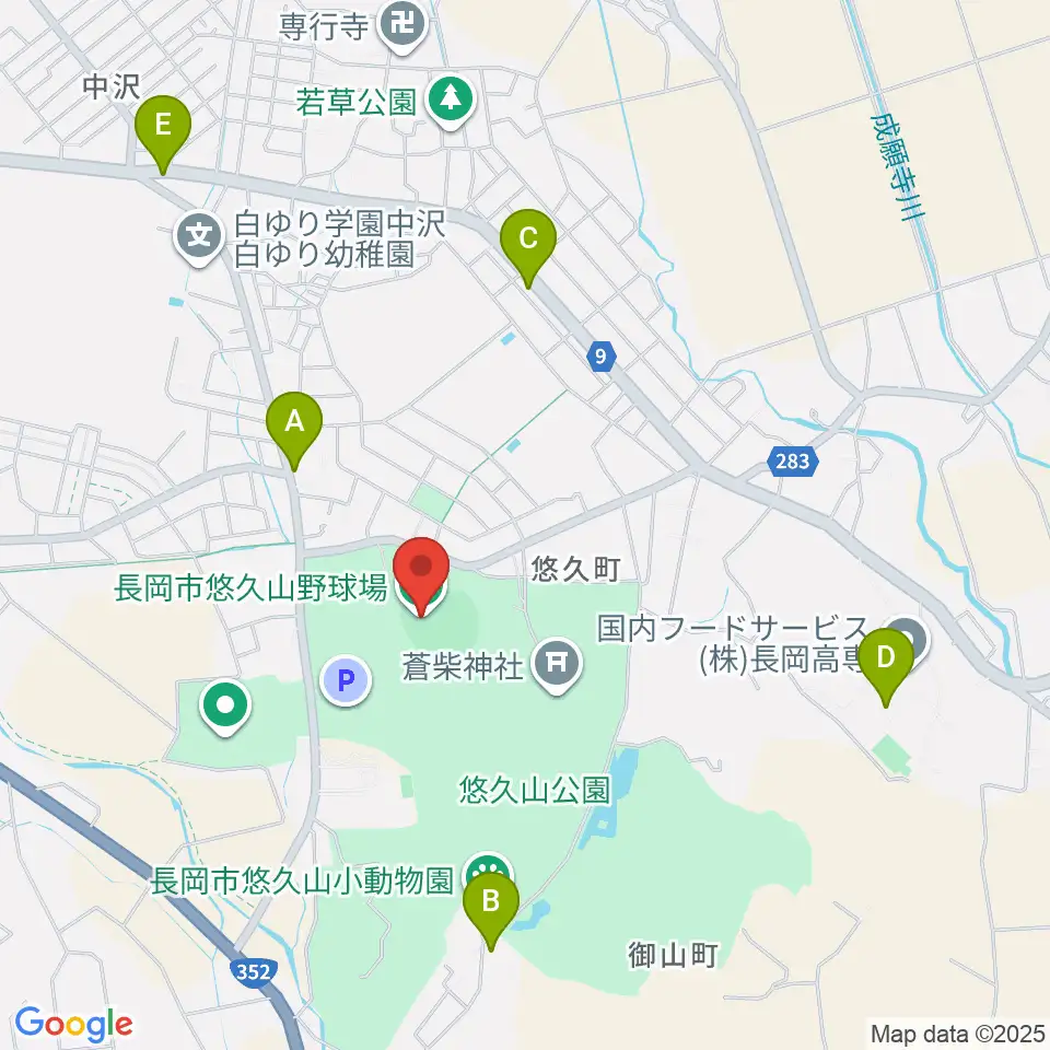長岡市悠久山野球場周辺のファミレス・ファーストフード一覧地図