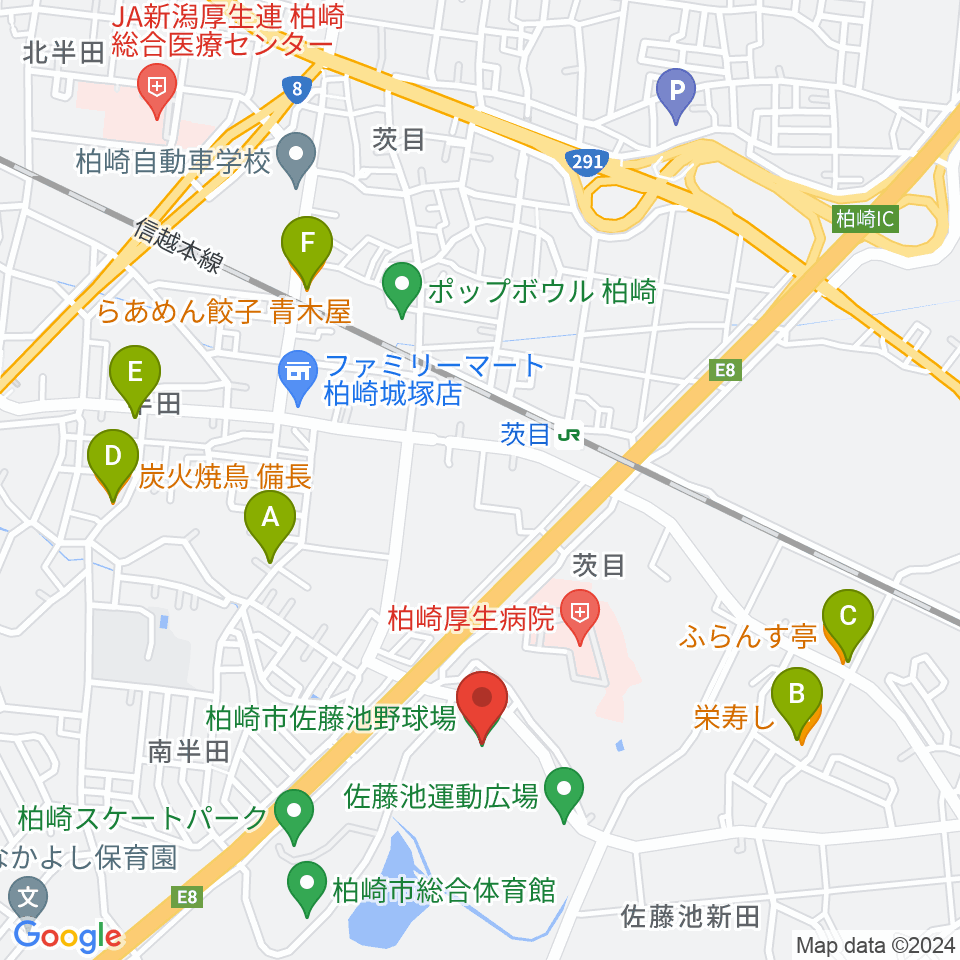 佐藤池野球場周辺のファミレス・ファーストフード一覧地図