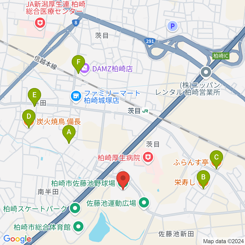 佐藤池野球場周辺のファミレス・ファーストフード一覧地図