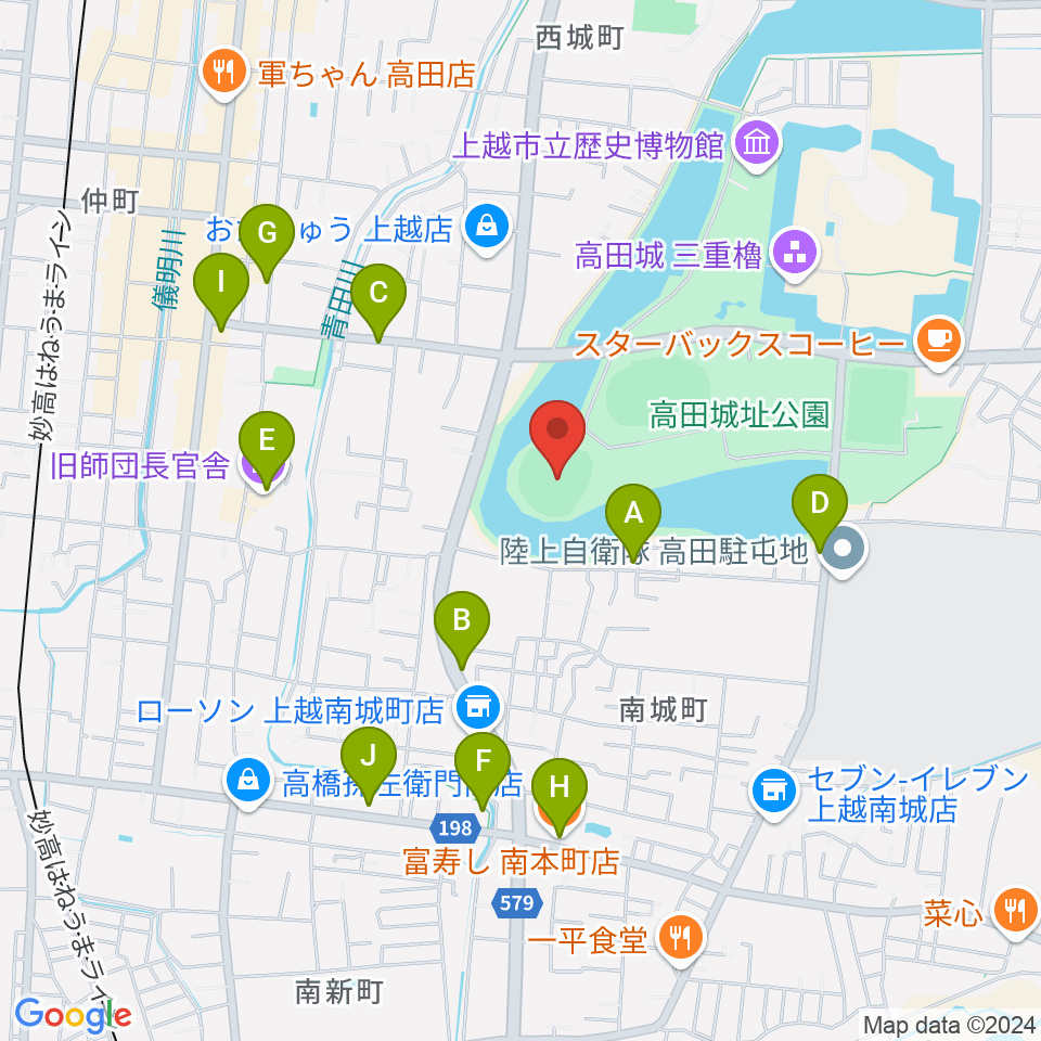 高田城址公園野球場周辺のファミレス・ファーストフード一覧地図