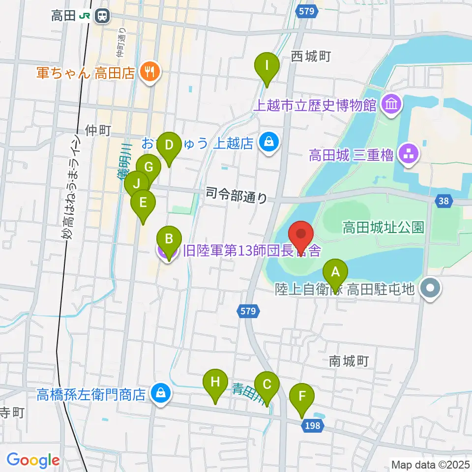 高田城址公園野球場周辺のファミレス・ファーストフード一覧地図