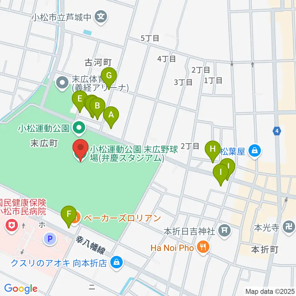 弁慶スタジアム周辺のファミレス・ファーストフード一覧地図