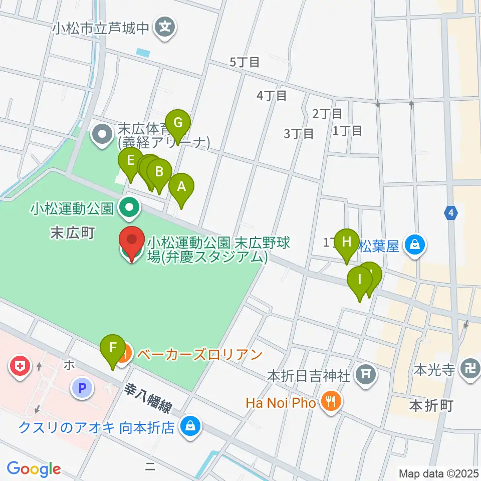 弁慶スタジアム周辺のファミレス・ファーストフード一覧地図