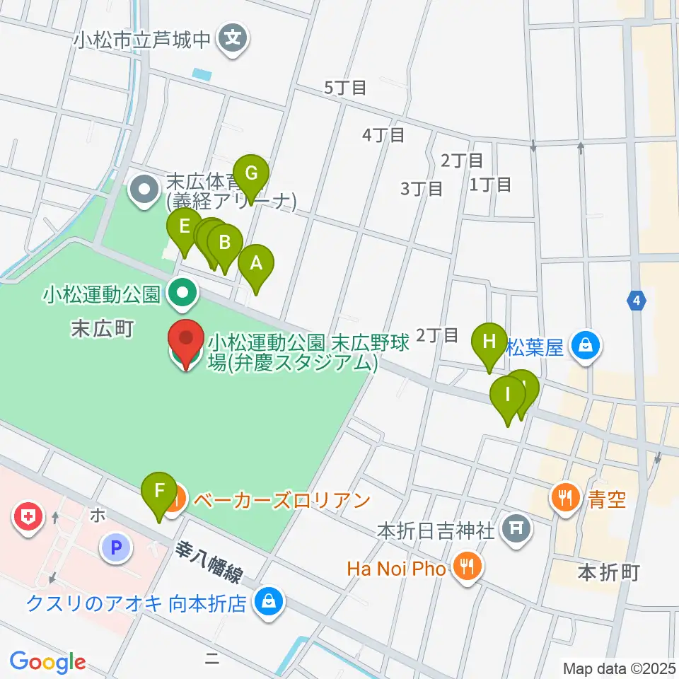 弁慶スタジアム周辺のファミレス・ファーストフード一覧地図