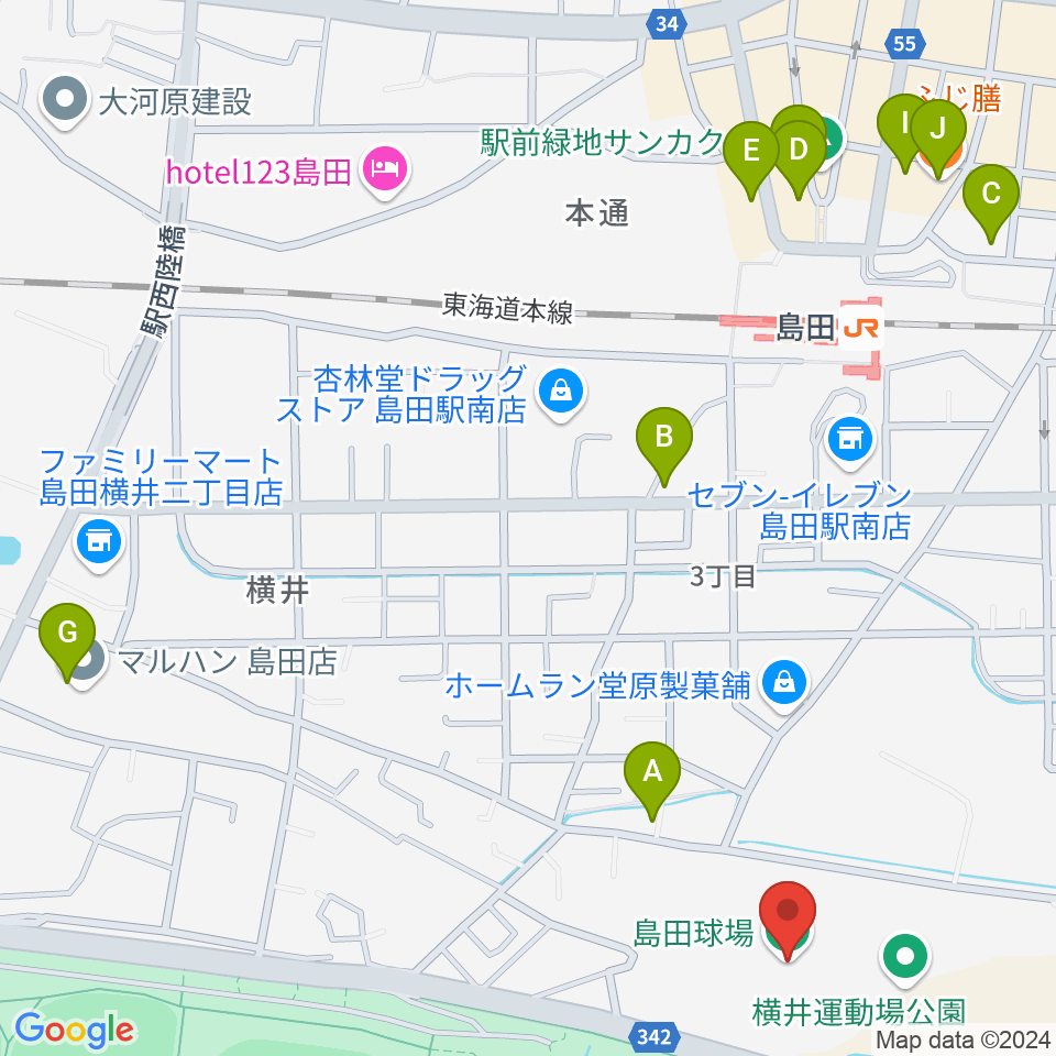 島田球場周辺のファミレス・ファーストフード一覧地図