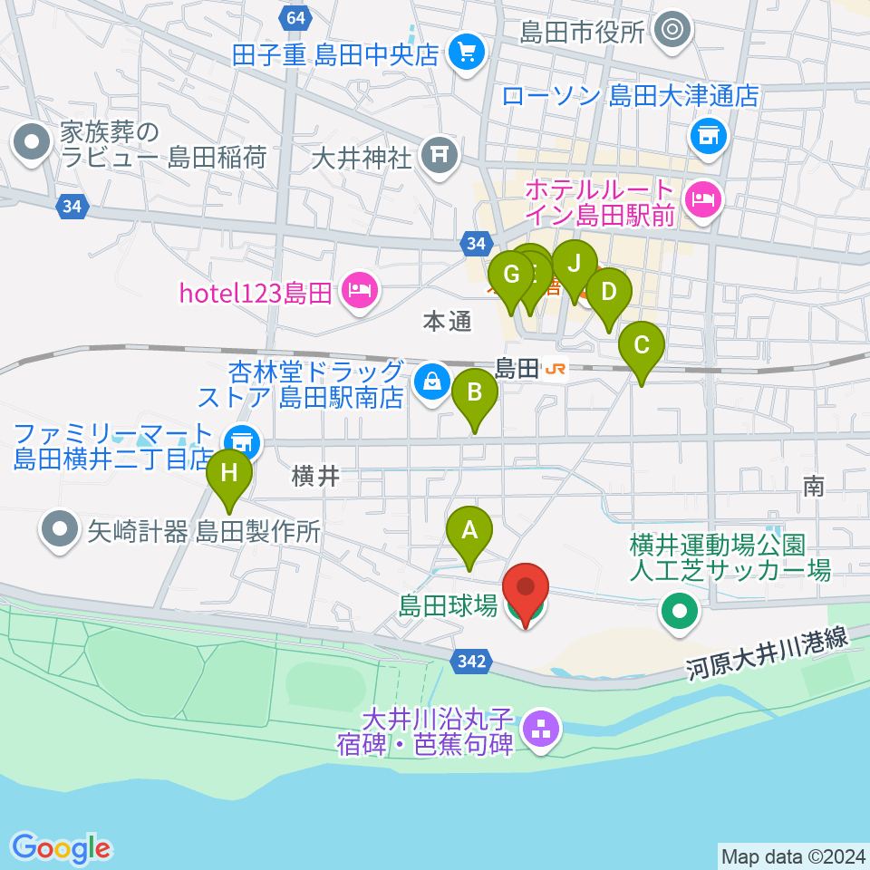 島田球場周辺のファミレス・ファーストフード一覧地図