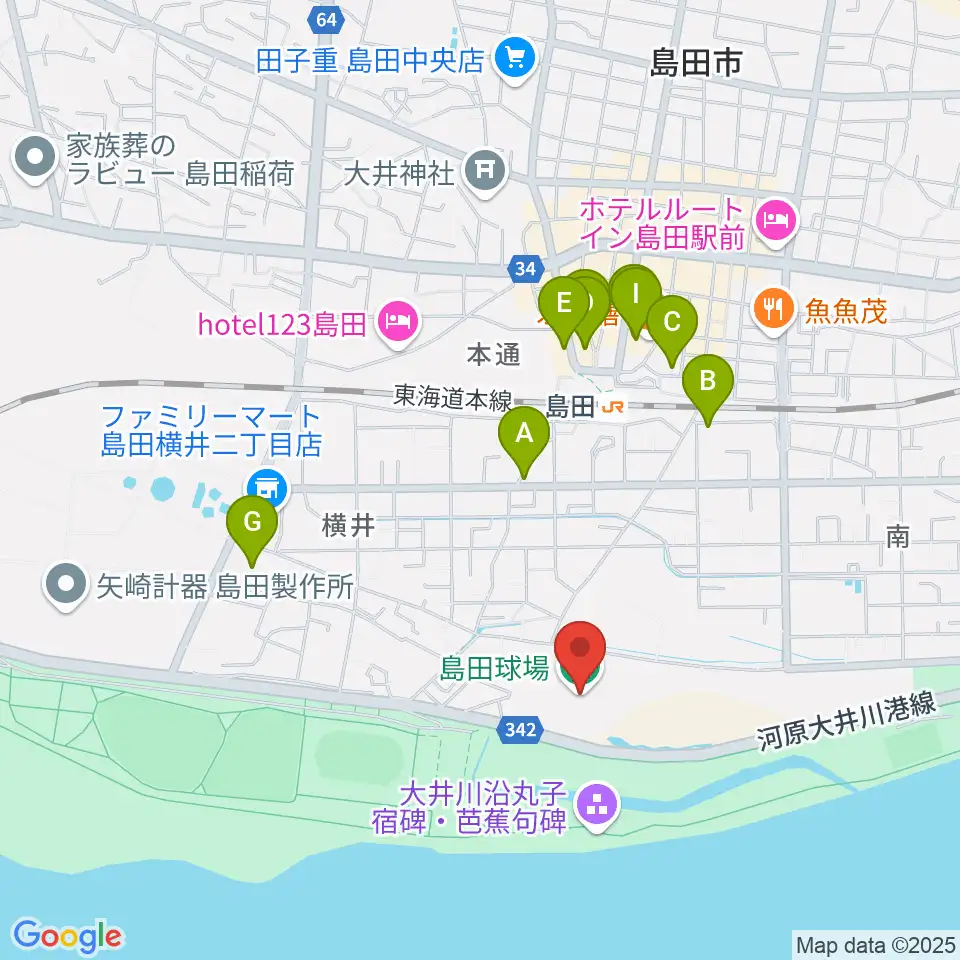 島田球場周辺のファミレス・ファーストフード一覧地図