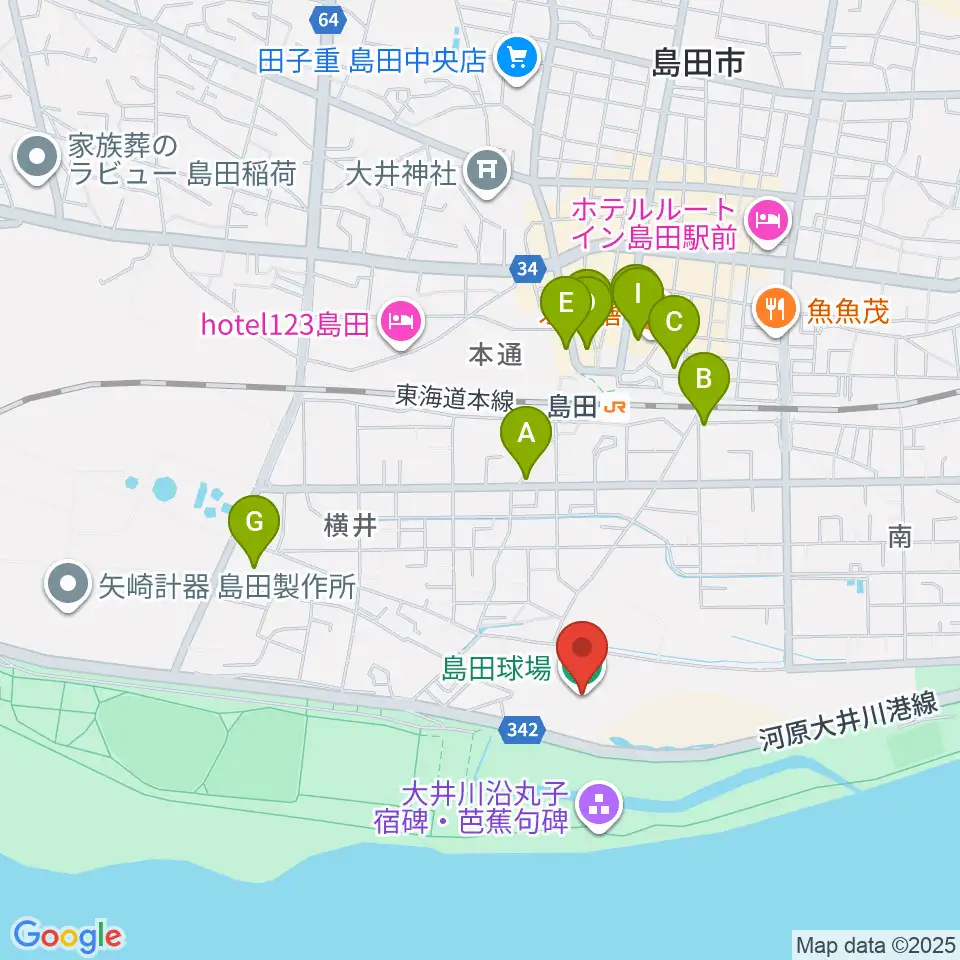 島田球場周辺のファミレス・ファーストフード一覧地図