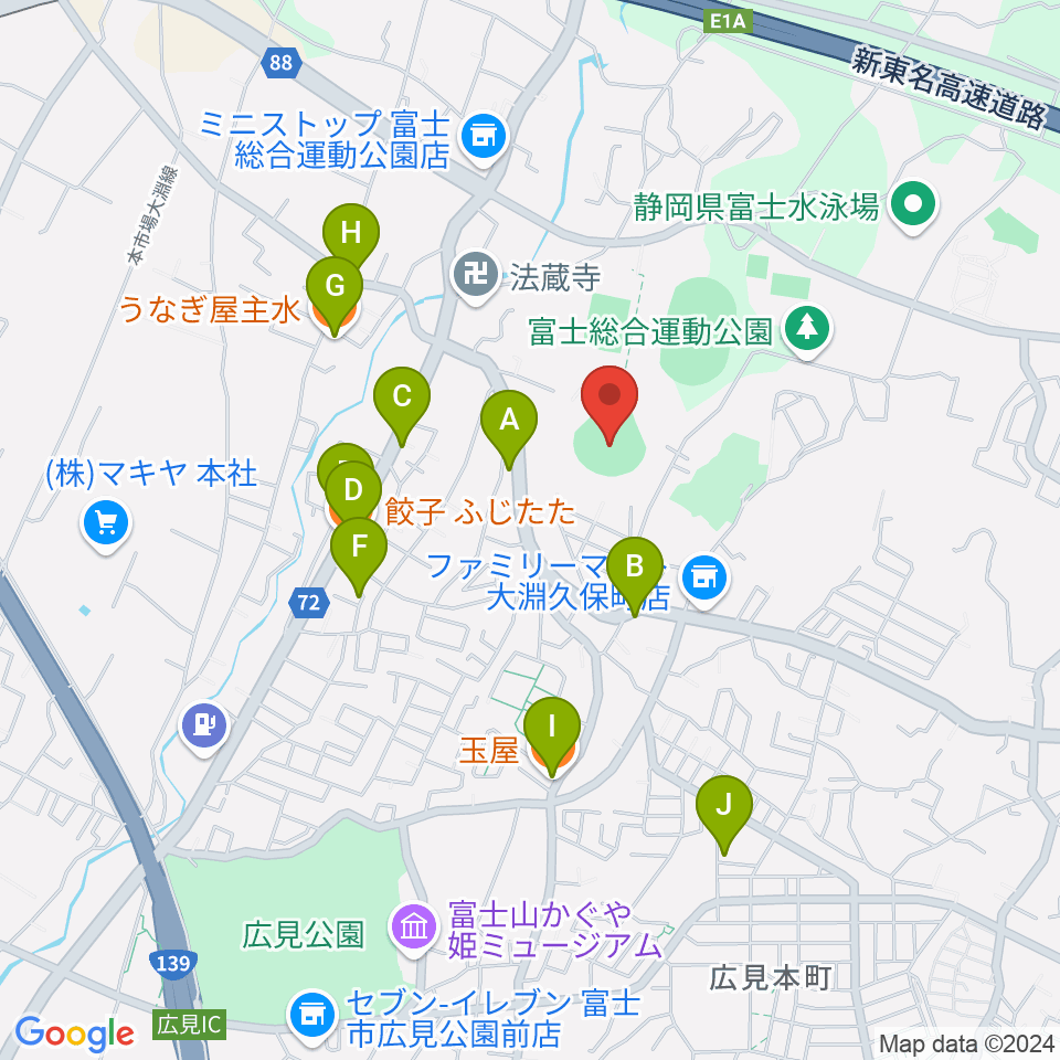 富士総合運動公園野球場周辺のファミレス・ファーストフード一覧地図