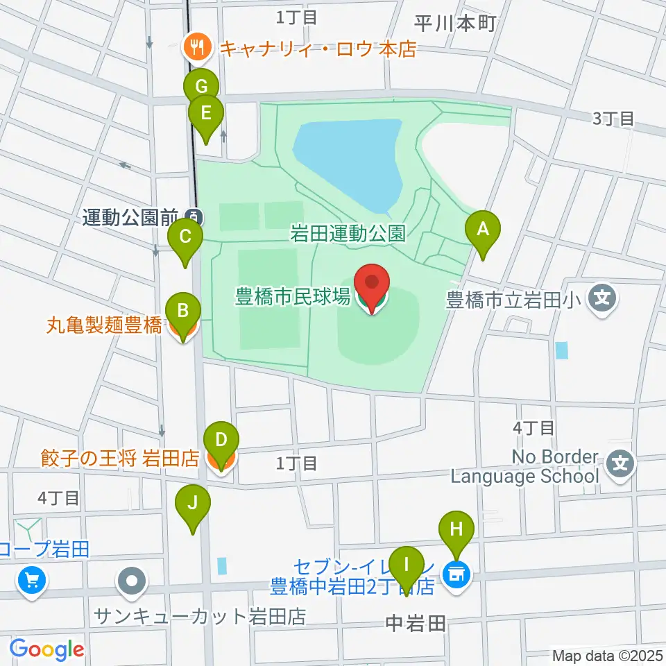 豊橋市民球場周辺のファミレス・ファーストフード一覧地図